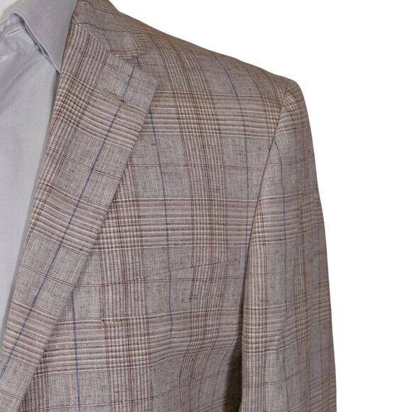 Joseph Abboud Sport Coat Blazer Mens 44L Slim Fit Plaid Beige Linen Blend - Picture 1 of 16